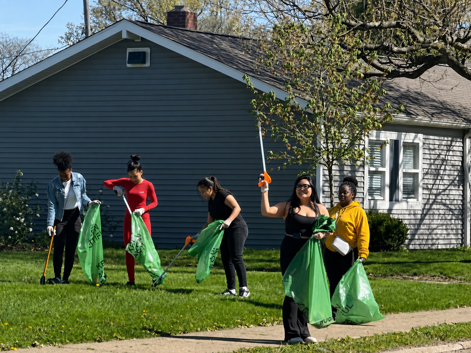 Community volunteers collecting litter with green bags along a sunny neighborhood sidewalk
